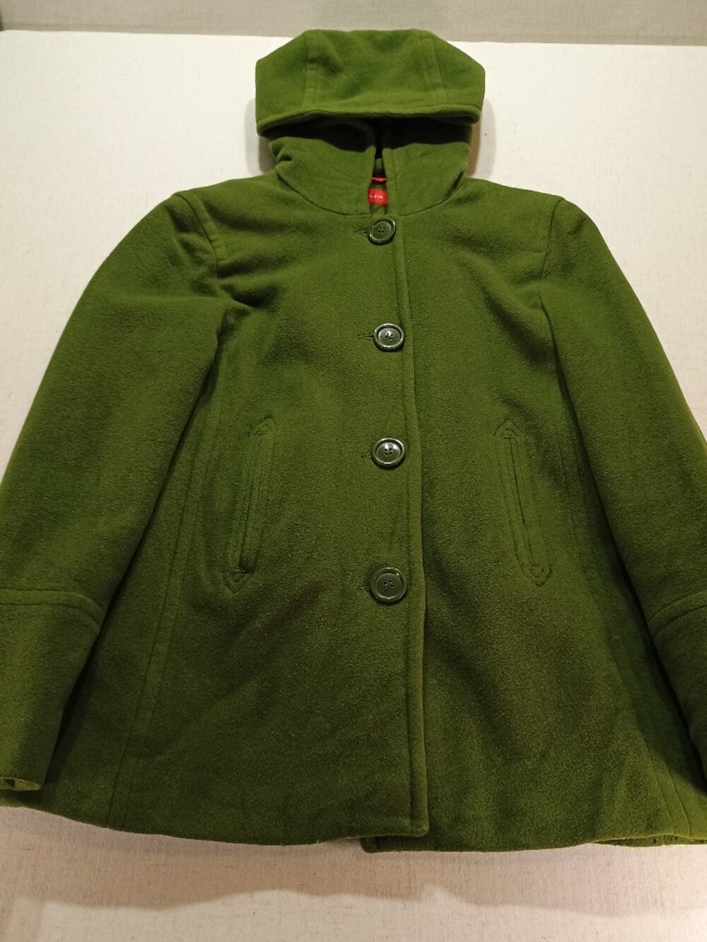 AK Anne Klein Olive Green Wool Blend Hooded Pea Coat Jacket Size Small S
